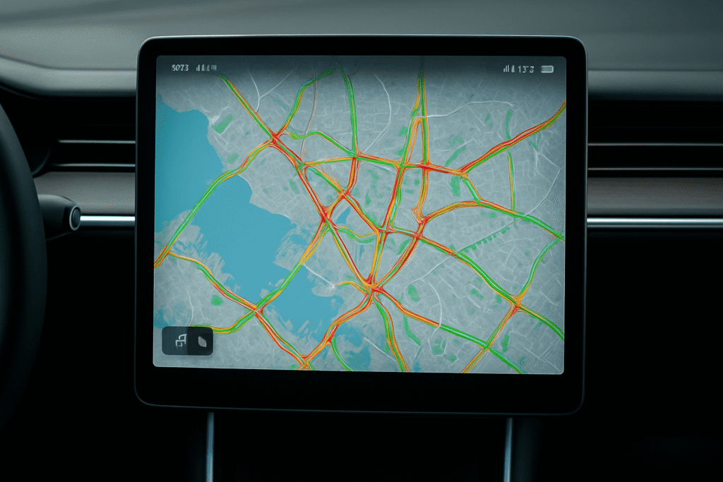 Tesla navigation screen with real-time traffic visualization using Premium Connectivity 2025