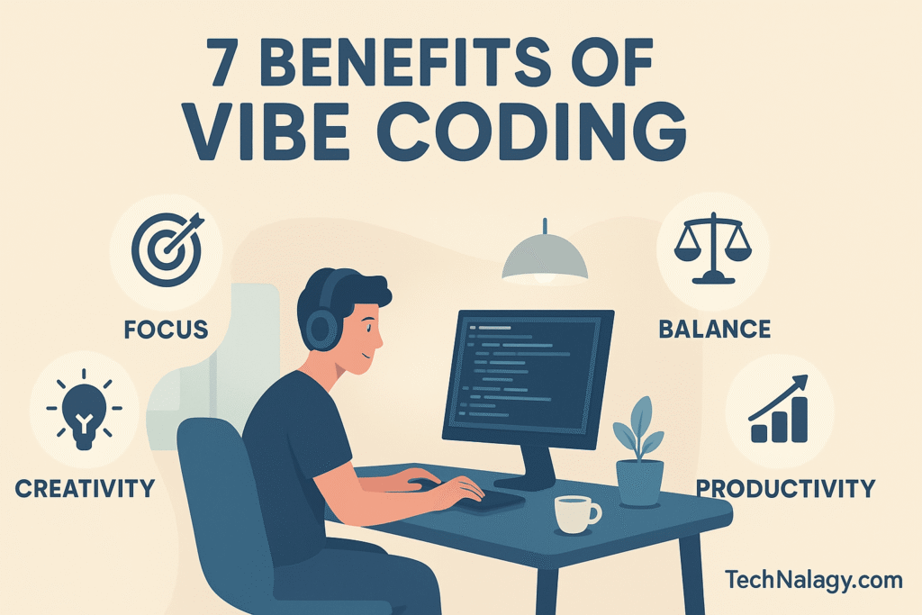 Illustration of a programmer showing 7 benefits of Vibe Coding with icons for focus, creativity, balance, and productivity.