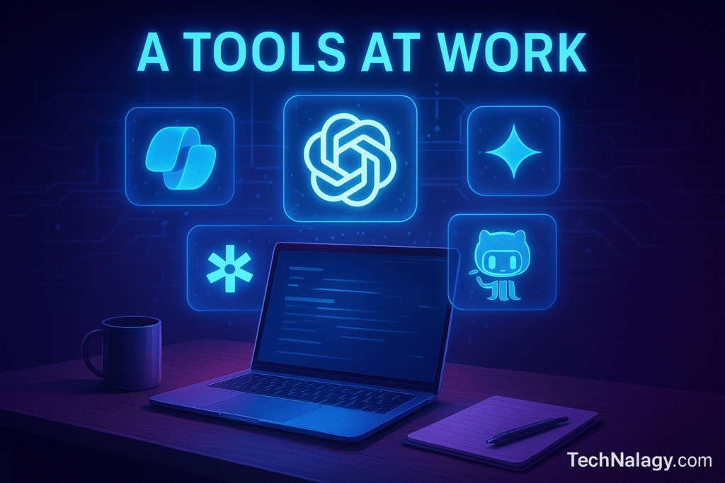 Shadow Productivity 2025 illustration showing AI tools like ChatGPT, Copilot, and Zapier secretly used in the workplace