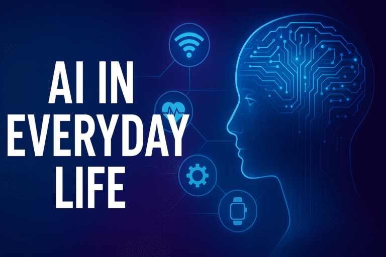 Digital illustration representing AI in Everyday Life with wearable tech and smart connectivity