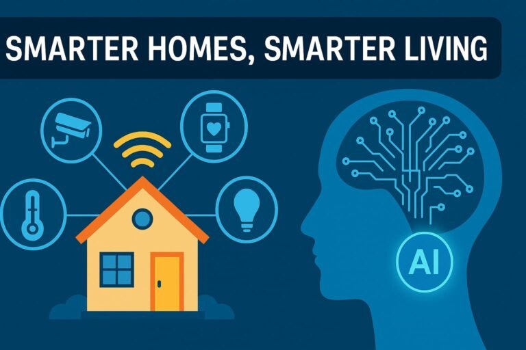 Illustration of smart home technology showing AI and connected devices like security, thermostat, and wearable