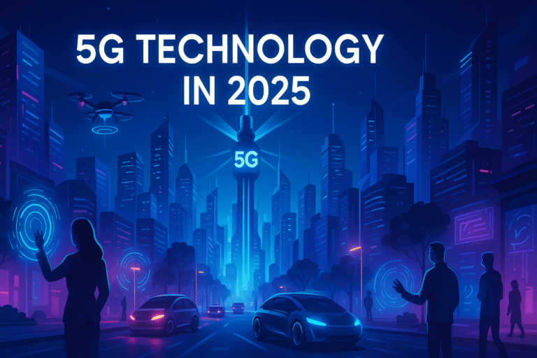 Futuristic city showcasing 5G Technology in 2025 with smart devices, autonomous cars, and glowing 5G towers