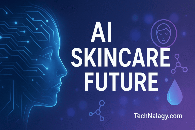 Futuristic AI skincare concept showing digital face and technology circuits with TechNalagy branding