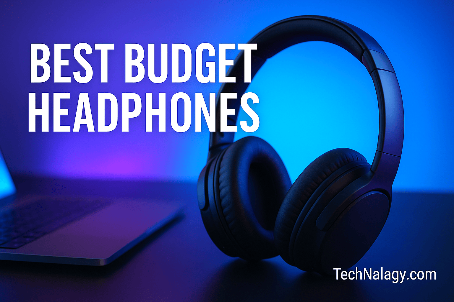 Over-ear black headphones on desk with laptop background – best budget headphones 2025