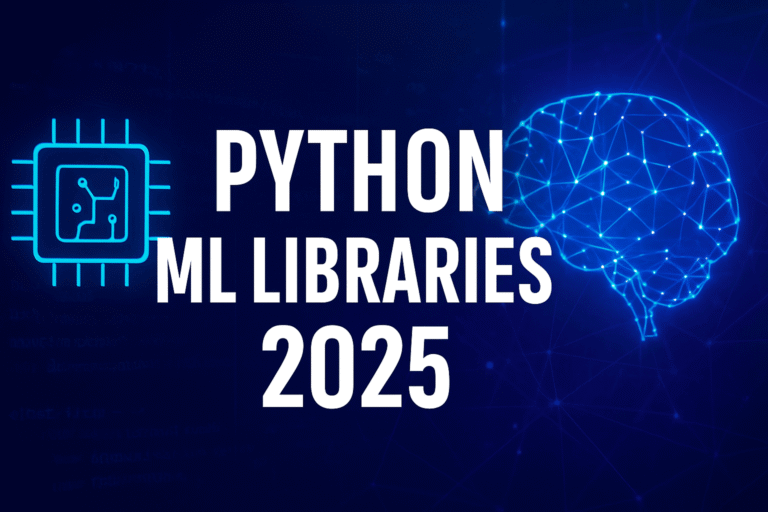 Python ML Libraries 2025 banner showing AI brain and microchip design for machine learning libraries for Python