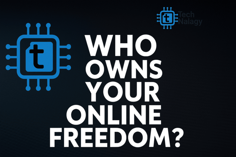 Digital rights 2025 illustration with bold text asking who owns your online freedom and Tech Nalagy logo