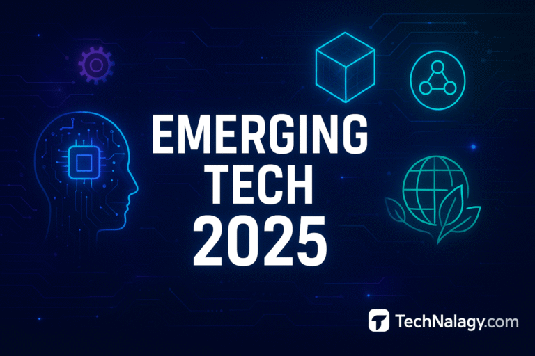 Futuristic digital design showcasing Emerging Tech trends in 2025 with AI, blockchain, quantum computing, and sustainability icons