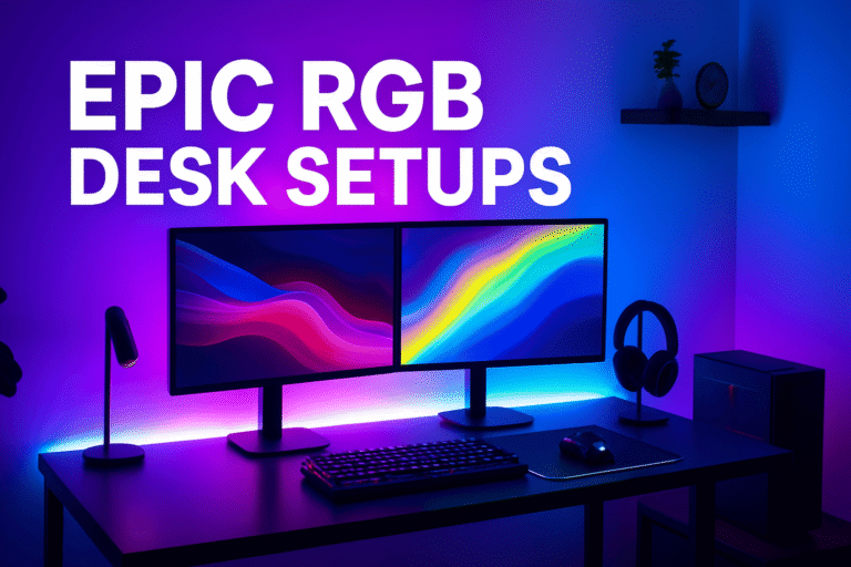 RGB desk setup ideas with dual monitors, glowing LED lights, and stylish gaming workspace