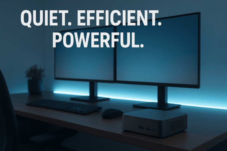 Modern home office setup with fanless Mini PC on desk – quiet, efficient, and powerful workspace solution 2025