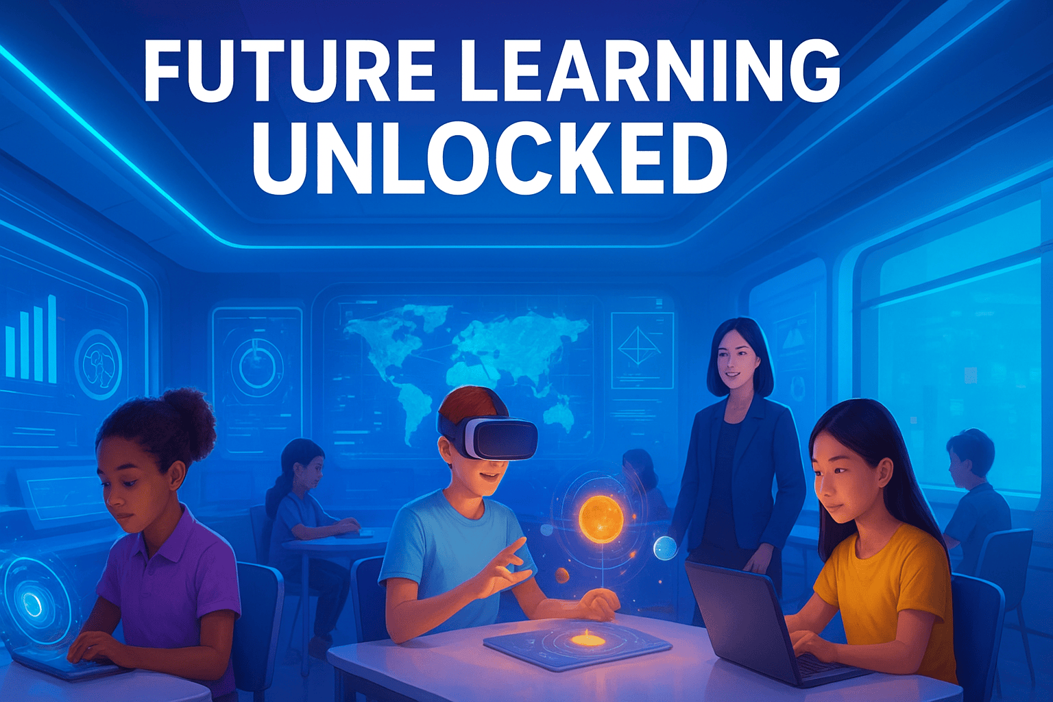 Students using VR and AI tools in a futuristic classroom 30x learning environment