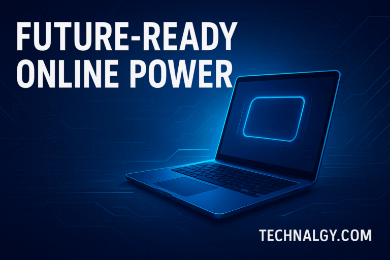 Futuristic laptop illustration with text Future-Ready Online Power showcasing cyroket2585 online pc for speed and performance