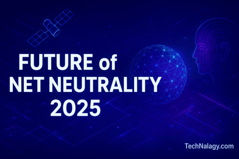 Futuristic digital illustration about the future of Net neutrality in 2025 with technology and connectivity theme