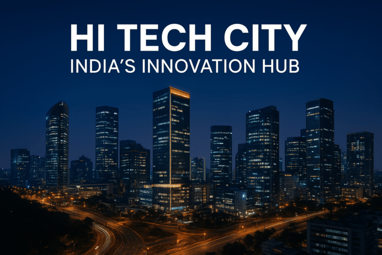 Panoramic night view of hi tech city with illuminated skyscrapers and modern infrastructure in Hyderabad, India