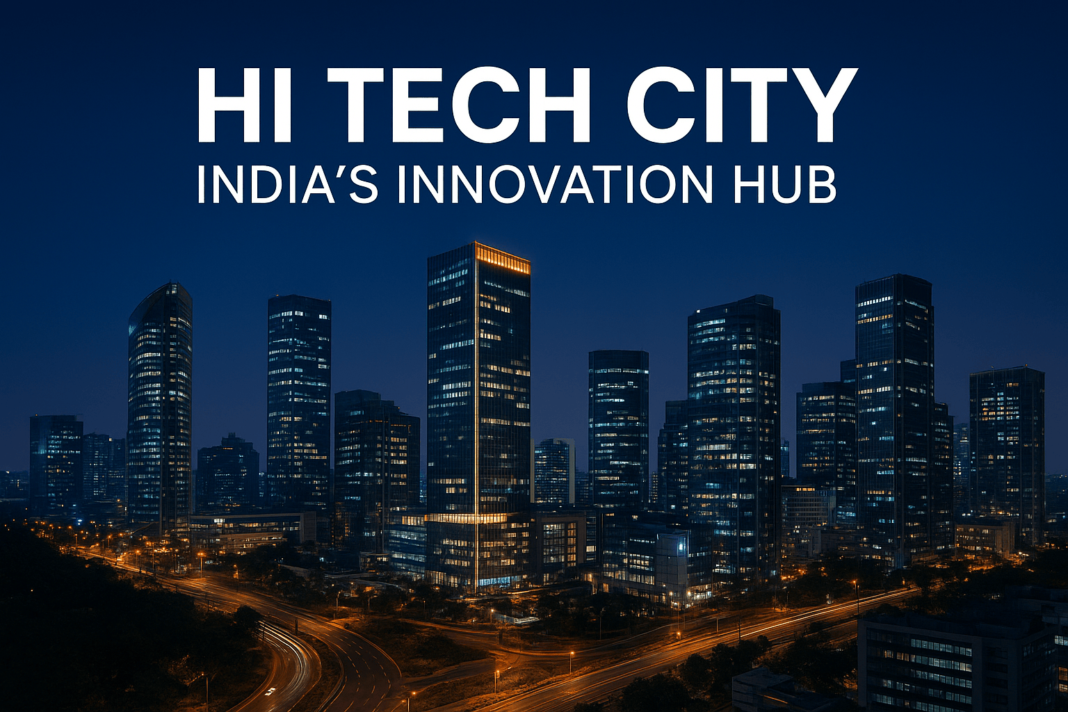 Panoramic night view of hi tech city with illuminated skyscrapers and modern infrastructure in Hyderabad, India