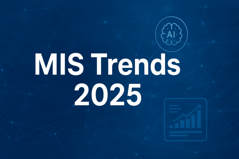 Futuristic dashboard concept with “MIS Trends 2025” text representing management information systems innovations
