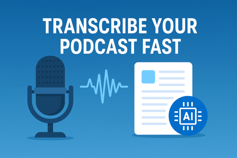 Podcast transcription illustration with microphone, audio wave, and AI document
