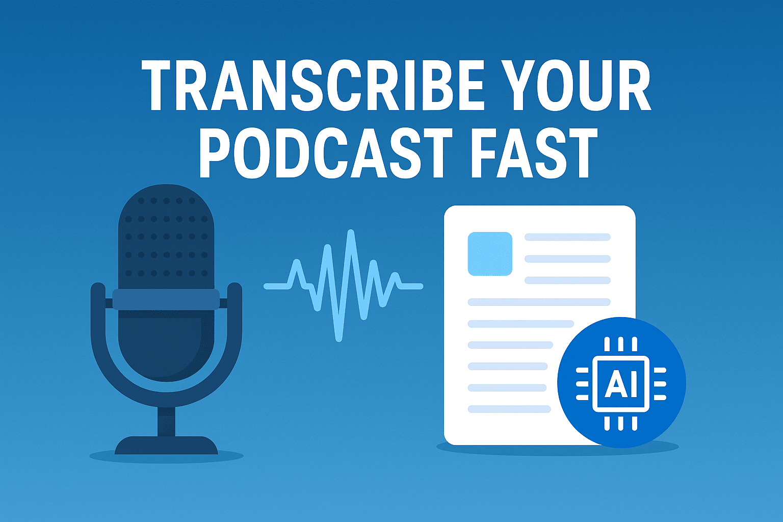 Podcast transcription illustration with microphone, audio wave, and AI document
