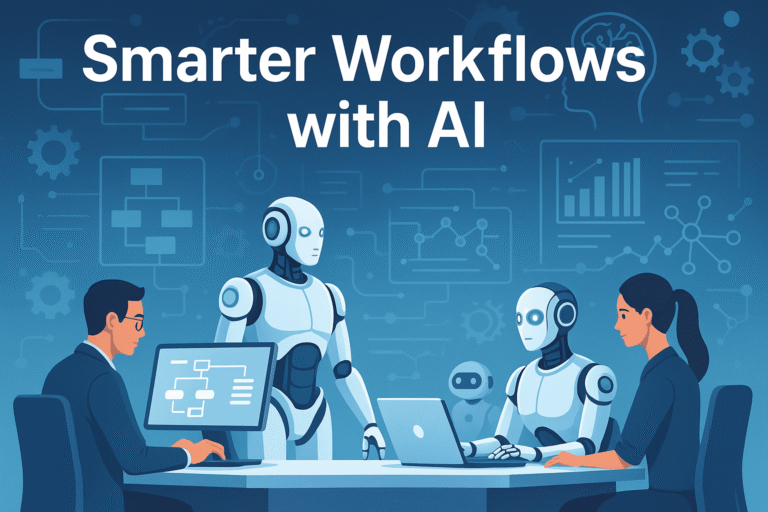 Futuristic office with humans and robots using AI workflow automation tools
