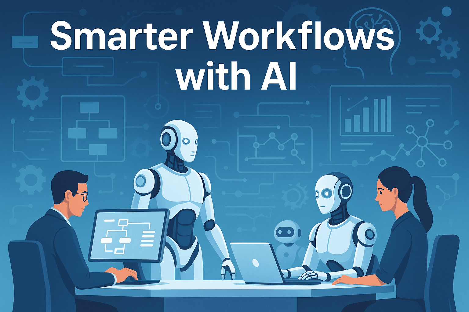 Futuristic office with humans and robots using AI workflow automation tools