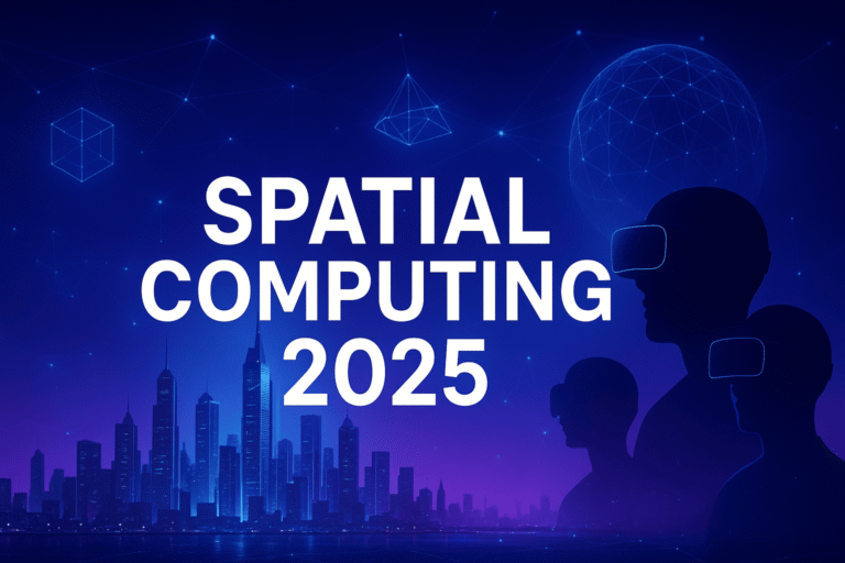 Futuristic city skyline with holographic overlays and VR users representing Spatial computing in 2025