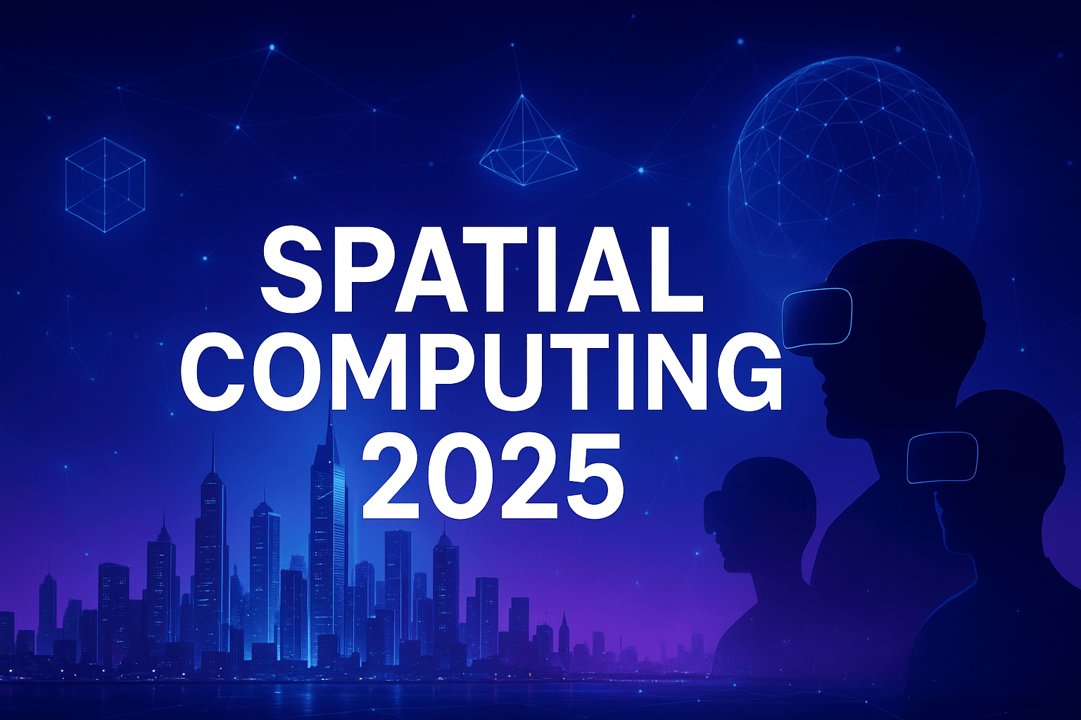 Futuristic city skyline with holographic overlays and VR users representing Spatial computing in 2025
