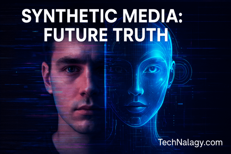 Futuristic blog header showing human and AI digital face split with glitch and holographic effects – Synthetic Media: Future Truth