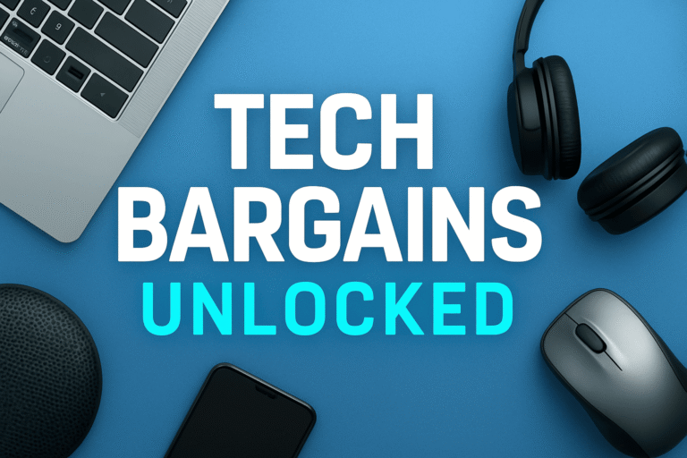 Tech bargains unlocked with gadgets, laptop, headphones, and accessories on blue background