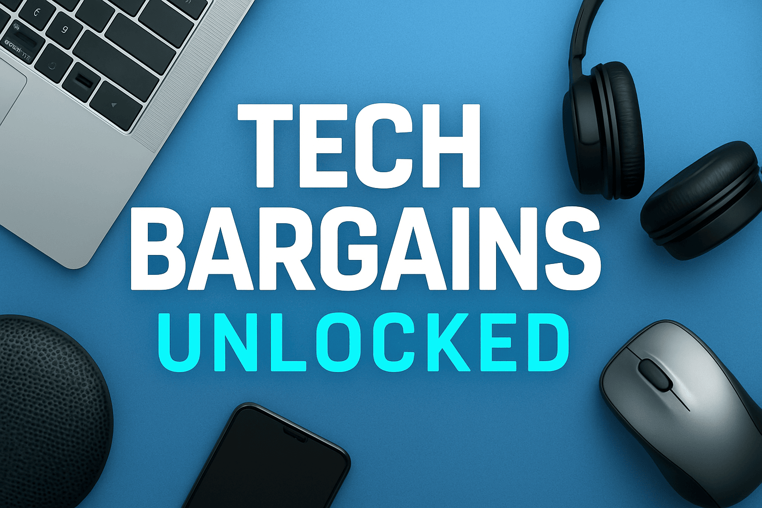 Tech bargains unlocked with gadgets, laptop, headphones, and accessories on blue background