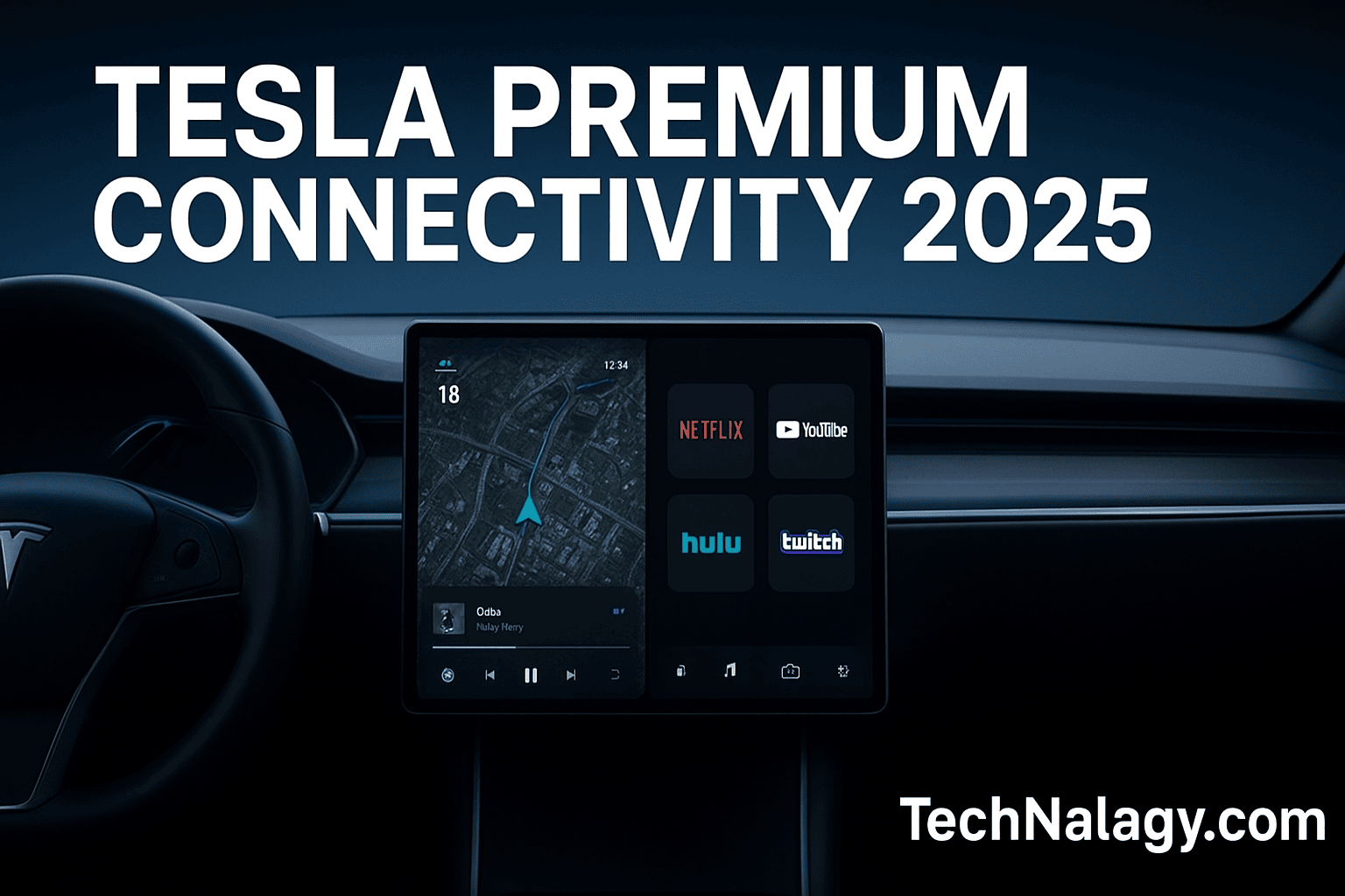 Tesla Premium Connectivity touchscreen showing maps and streaming apps in 2025