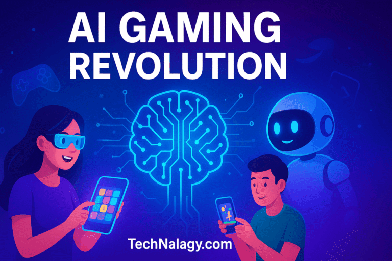 Futuristic illustration showing AI in Casual Gaming 2025 with players, robots, and digital brain interface