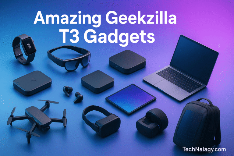 Top 10 amazing Geekzilla T3 gadgets for 2025 on a futuristic surface with heading and TechNalagy.com branding