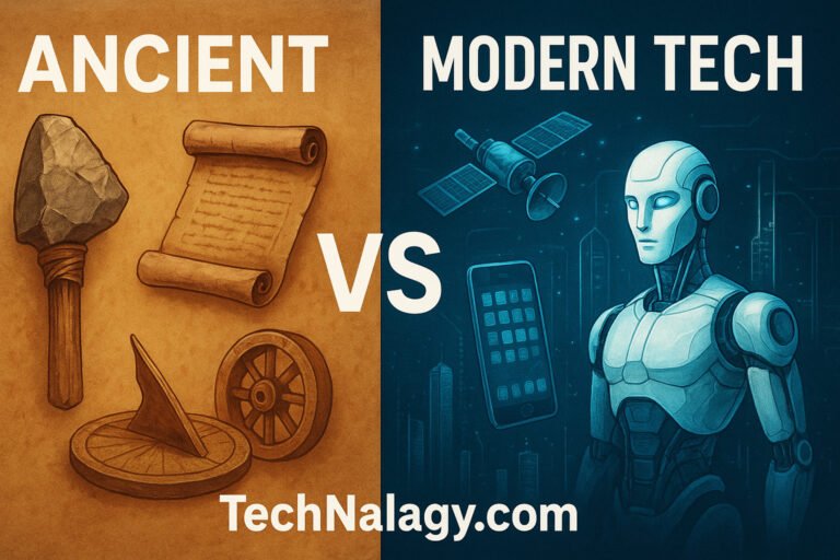 Illustration showing Differences Between Ancient and Modern Technology with ancient tools vs modern AI technology