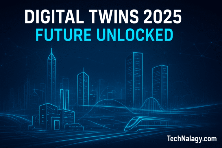 Futuristic city skyline with digital replicas showing Digital Twins 2025 powering smart cities and industries