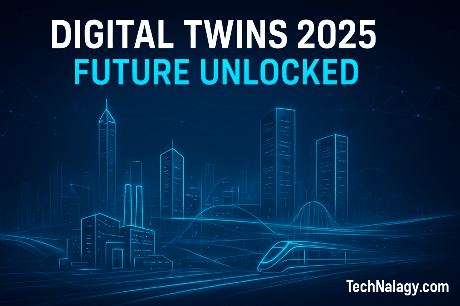 Futuristic city skyline with digital replicas showing Digital Twins 2025 powering smart cities and industries