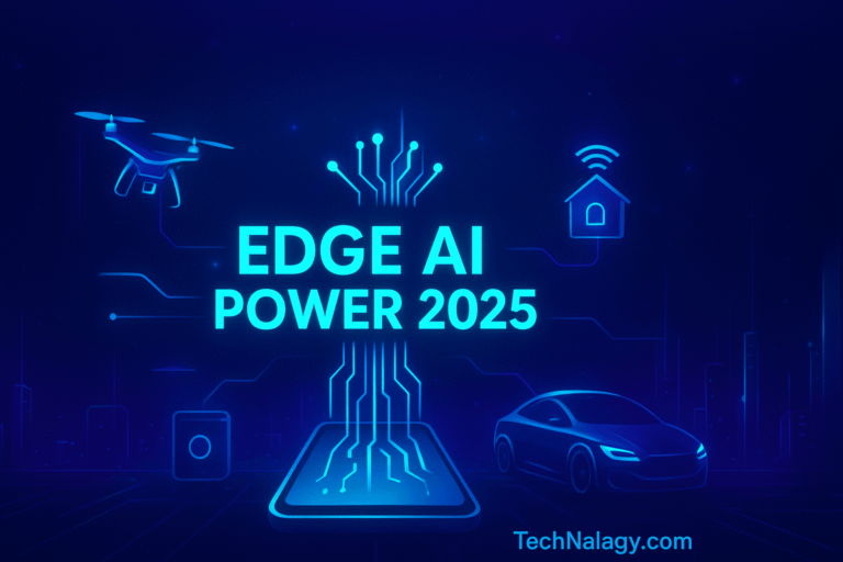 Futuristic illustration of Edge AI in 2025 with smart devices, cars, drones, and IoT connectivity