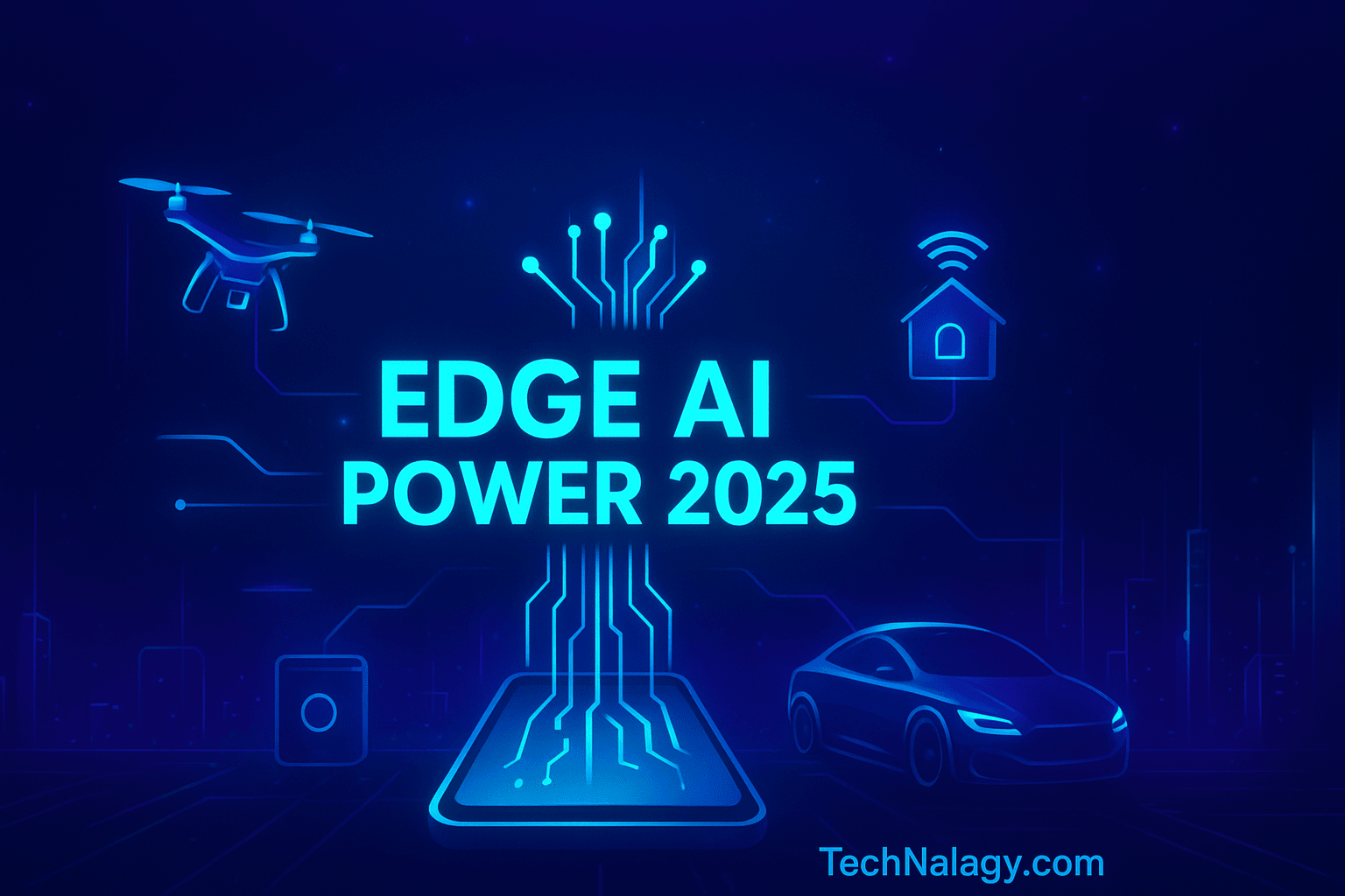 Futuristic illustration of Edge AI in 2025 with smart devices, cars, drones, and IoT connectivity