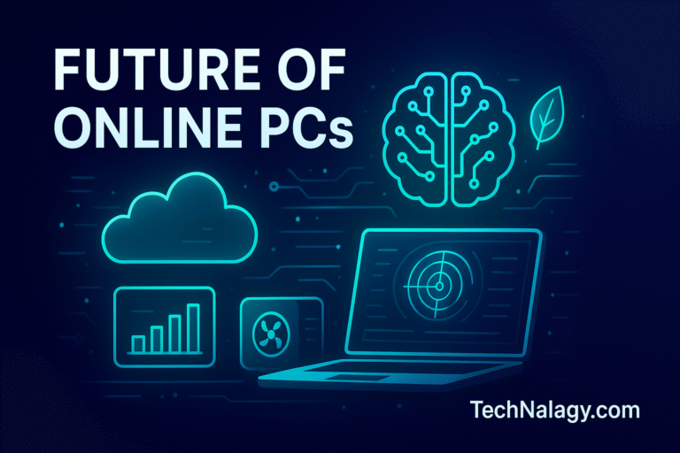 Illustration showing the future of Online PC Technology in 2025 with AI, cloud computing, and eco-friendly hardware – TechNalagy.com