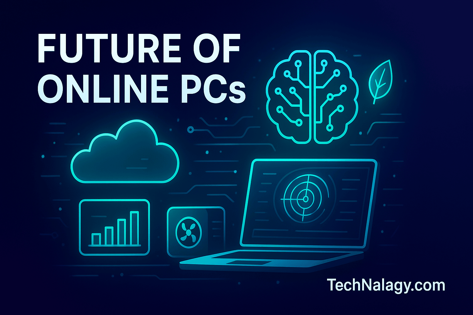 Illustration showing the future of Online PC Technology in 2025 with AI, cloud computing, and eco-friendly hardware – TechNalagy.com