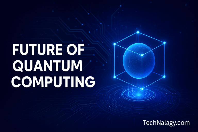 Futuristic digital design showing the future of Quantum Computing in 2025 with glowing qubits and technology theme.