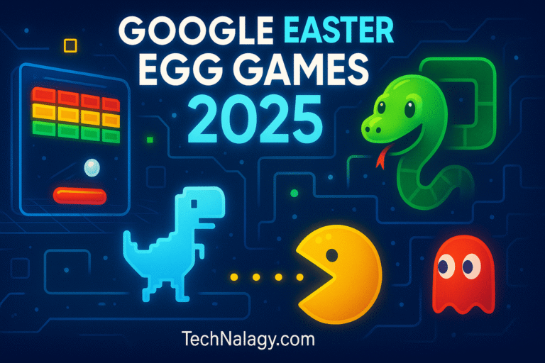 Colorful digital illustration showing Google Easter Egg Games 2025 with hidden classics like Snake, Pac-Man, Block Breaker, and Dino.