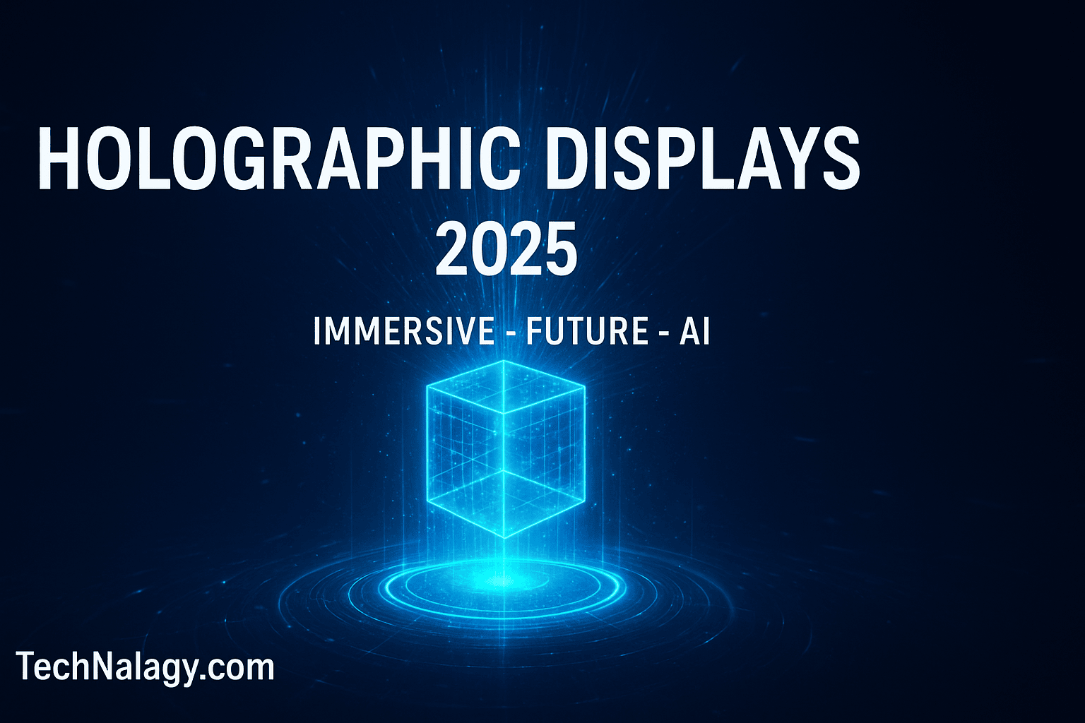 Futuristic holographic displays 2025 with glowing 3D cube and immersive technology concept