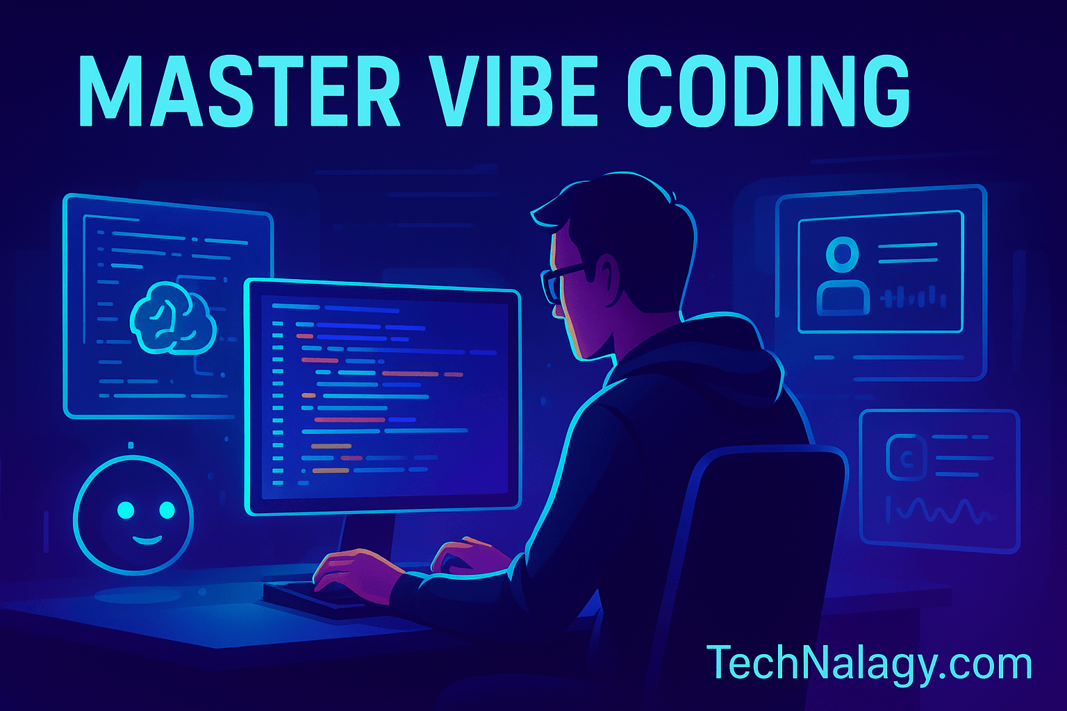 Futuristic digital workspace with programmer practicing Vibe Coding using AI tools and holographic screens – TechNalagy.com
