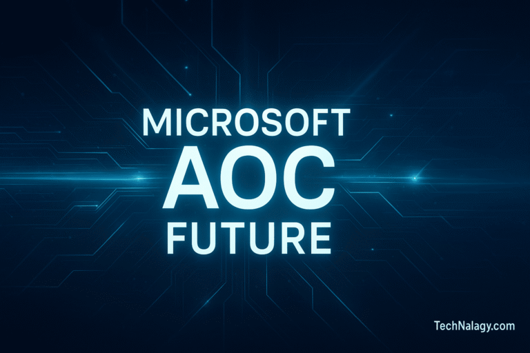 Futuristic design showing Microsoft AOC with glowing circuits and TechNalagy.com watermark