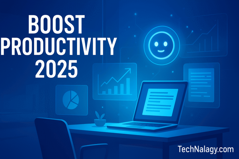 Futuristic office workspace showing Microsoft Copilot boosting productivity in 2025 with AI-powered tools and digital innovation
