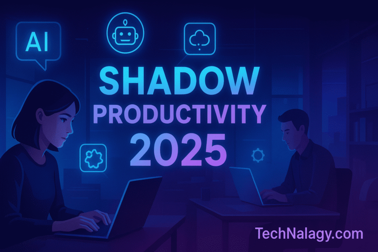 Shadow Productivity 2025 illustration showing employees secretly using AI tools at work – TechNalagy.com