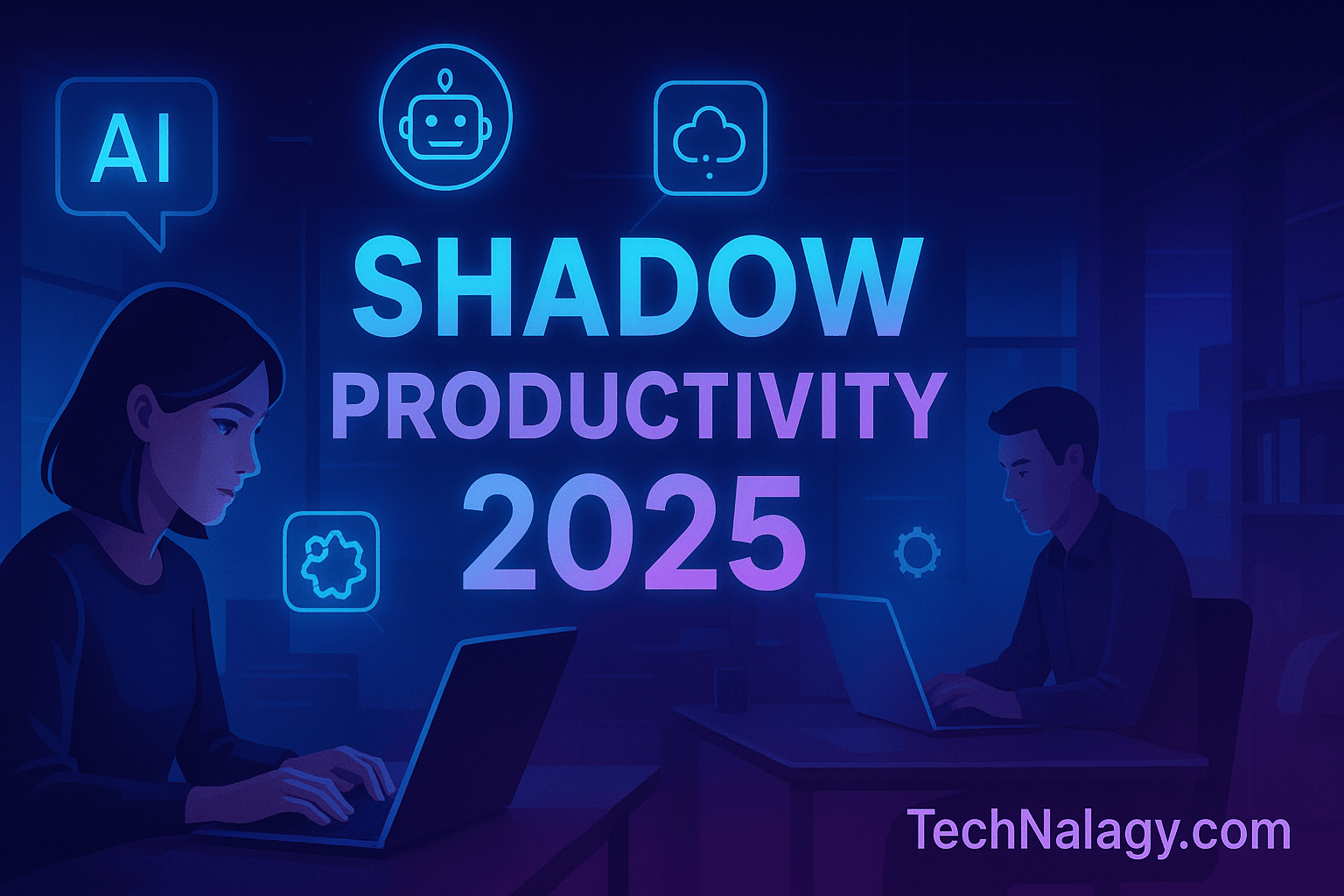 Shadow Productivity 2025 illustration showing employees secretly using AI tools at work – TechNalagy.com