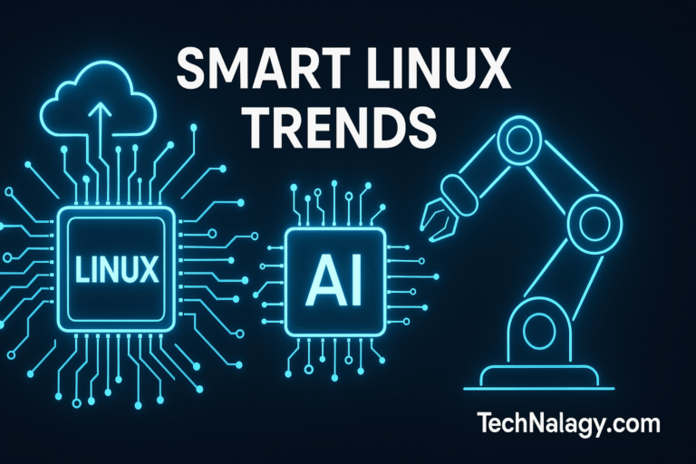 Illustration showing trends pblinuxtech with Linux, AI tools, and futuristic technology