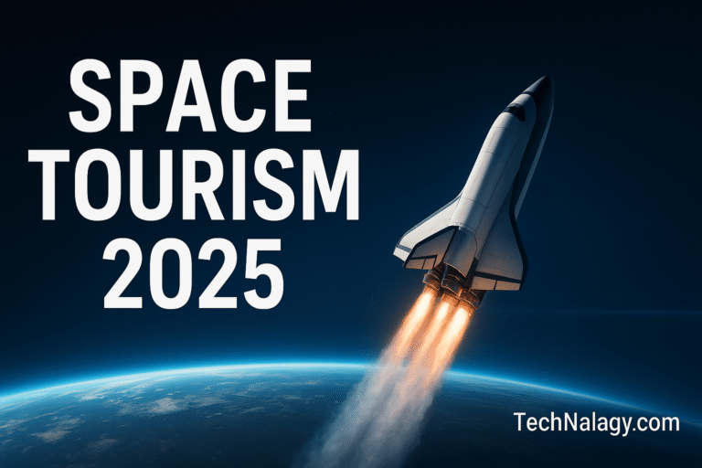 Space tourism 2025 rocket launching into orbit with Earth in background – TechNalagy.com