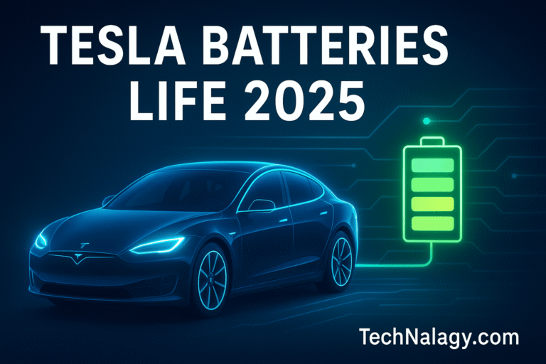 Futuristic Tesla car with glowing battery icon representing Tesla Batteries Life in 2025