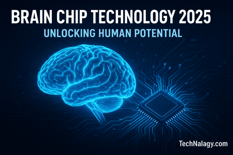 Futuristic illustration of Brain Chip Technology 2025 showing human brain with neural circuits and AI integration